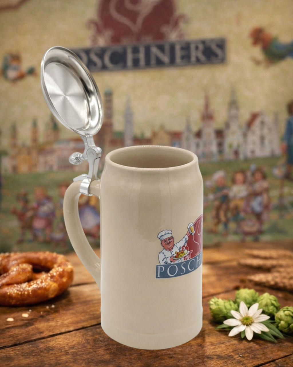 Poschner's "Stein" Beer Mug with Pewter Lid and Anniversary Logo – Limited Edition