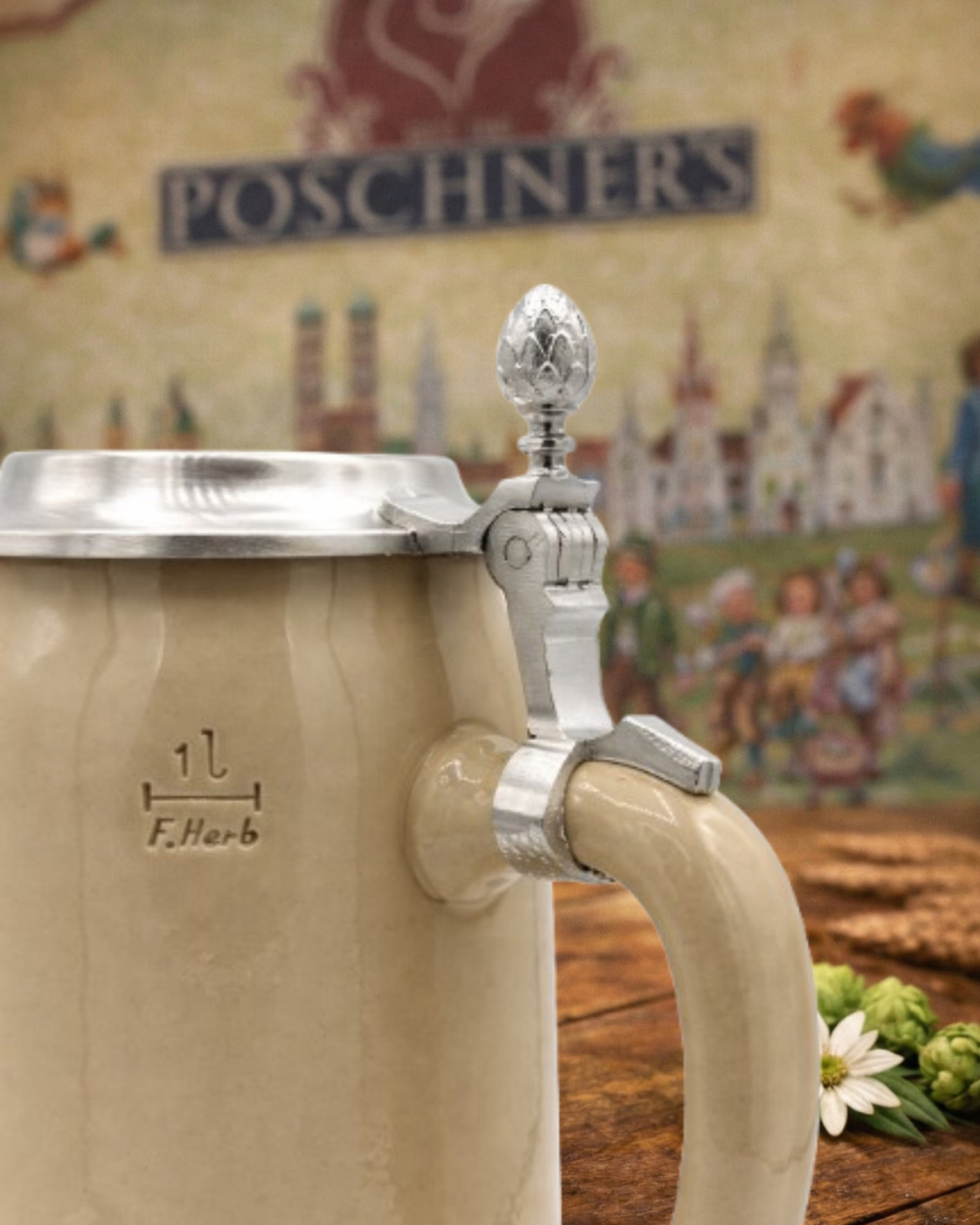 Poschner's "Stein" Beer Mug with Pewter Lid and Anniversary Logo – Limited Edition