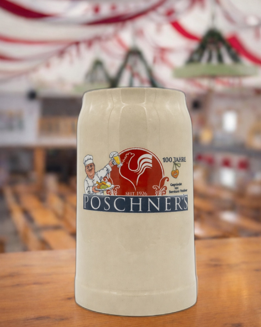 Poschner’s Steinbierkrug mit Jubiläumslogo